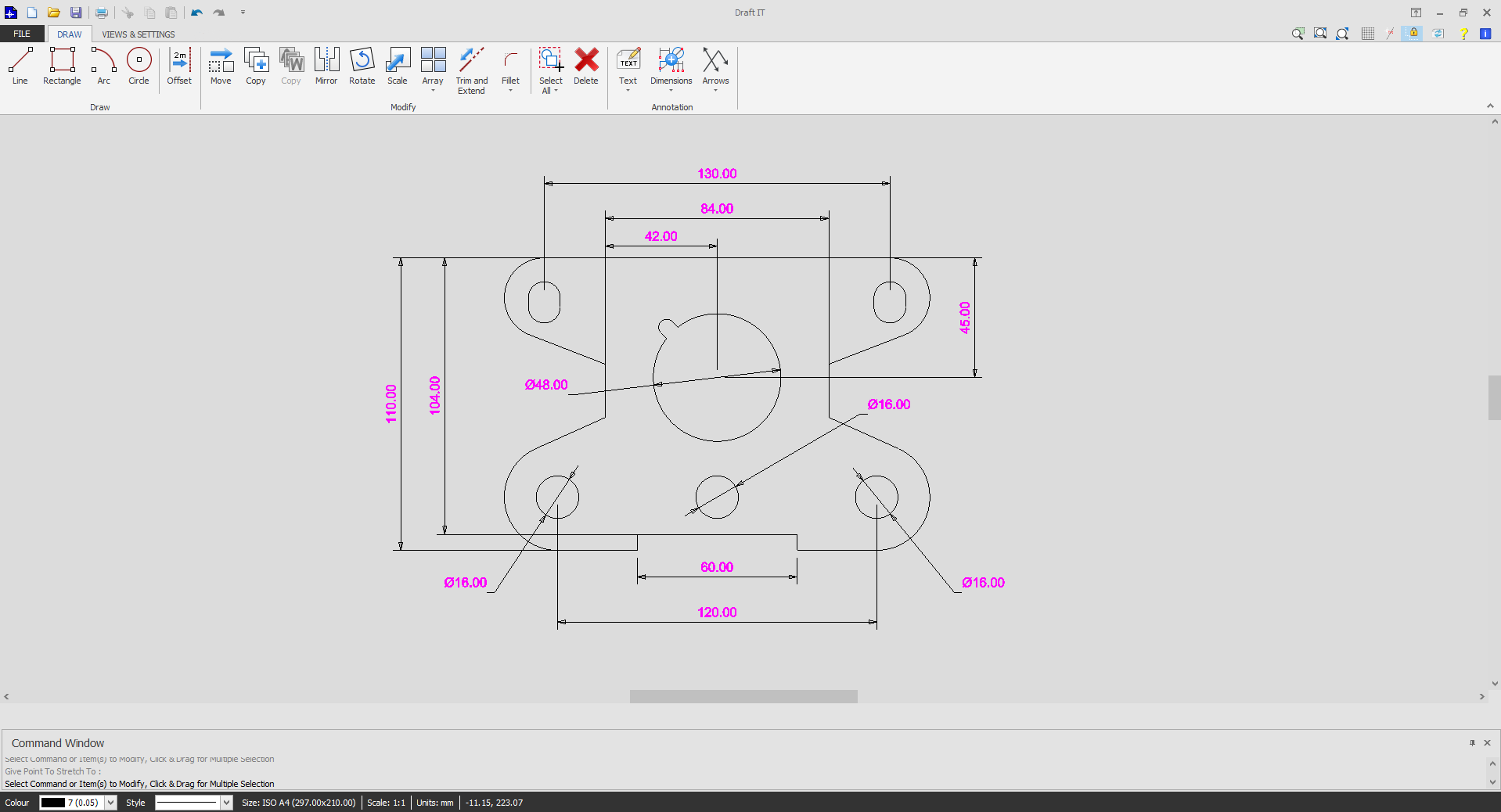 2D cad drawing example in Draft it Free